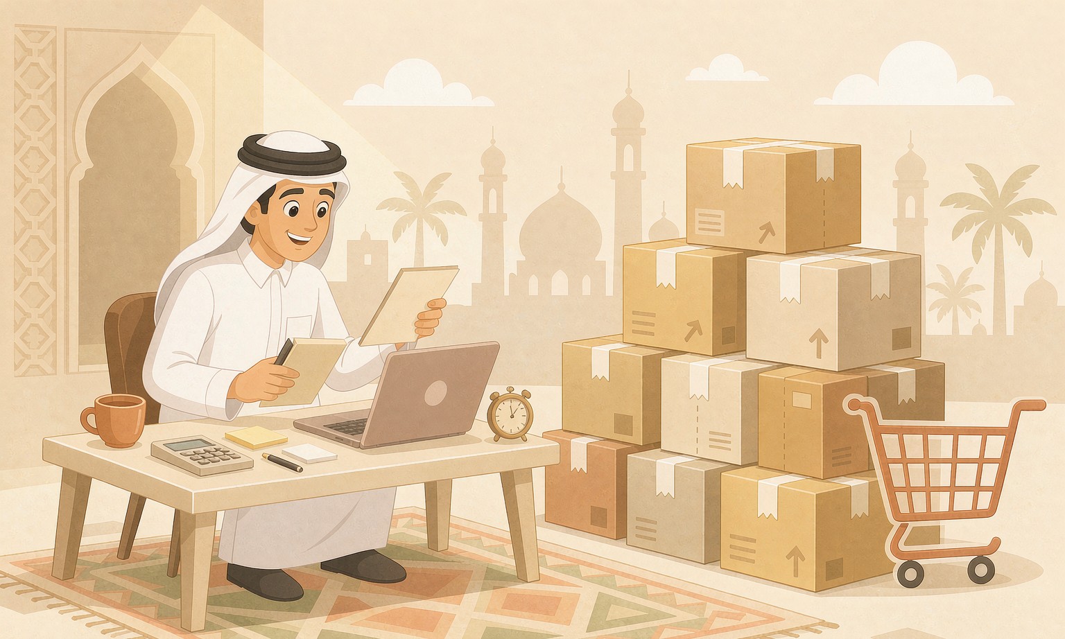 A small Gulf e-commerce seller preparing product boxes for White Friday sales season