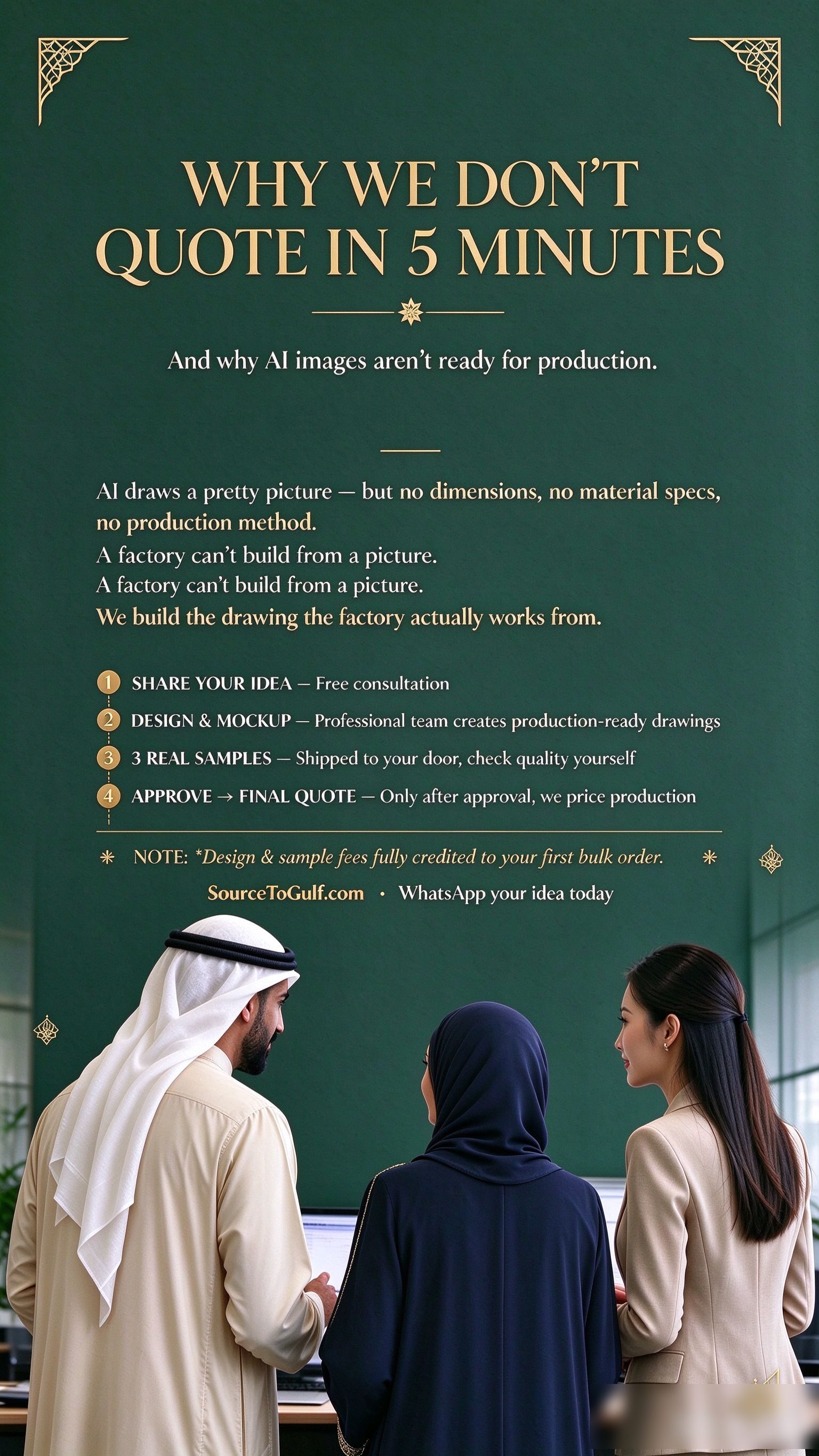 رسم توضيحي: مسار SourceToGulf من أربع خطوات من الفكرة إلى عرض السعر النهائي