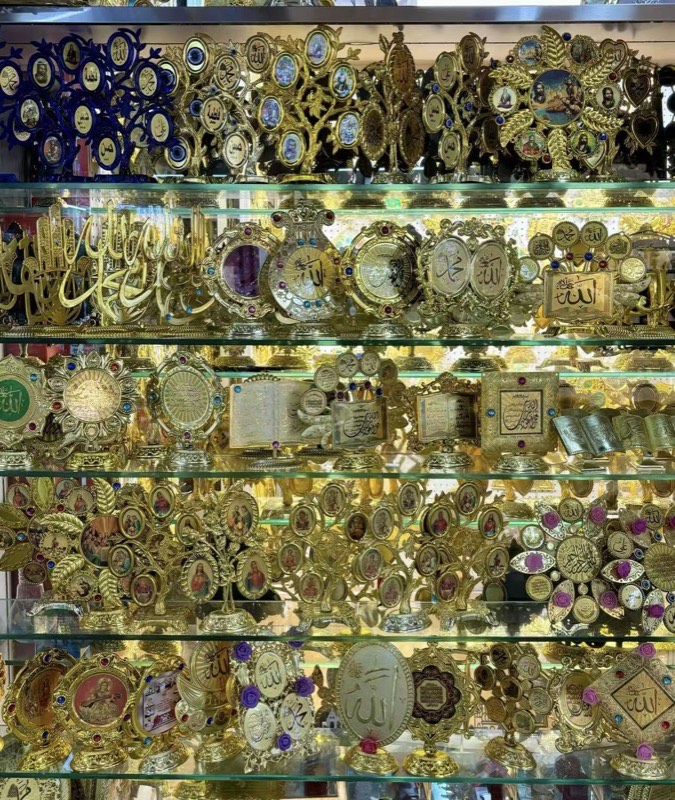 Islamic decor items on shelves