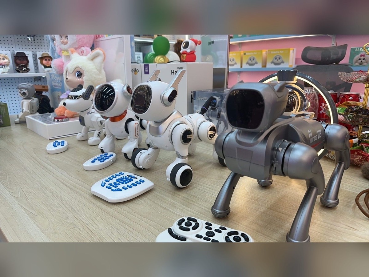AI robot dog toys at a Guangzhou electronics market stall