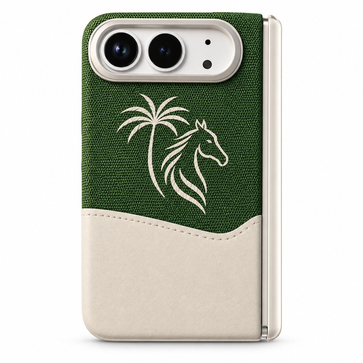 Palm & horse motif — woven fabric over cream leather