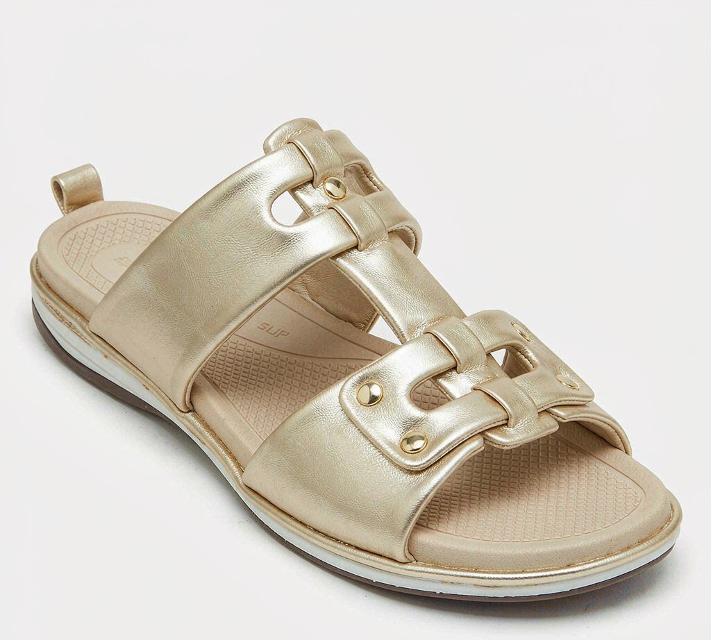 Plus-size flat slide sandal (wide fit, H-strap, soft gold)