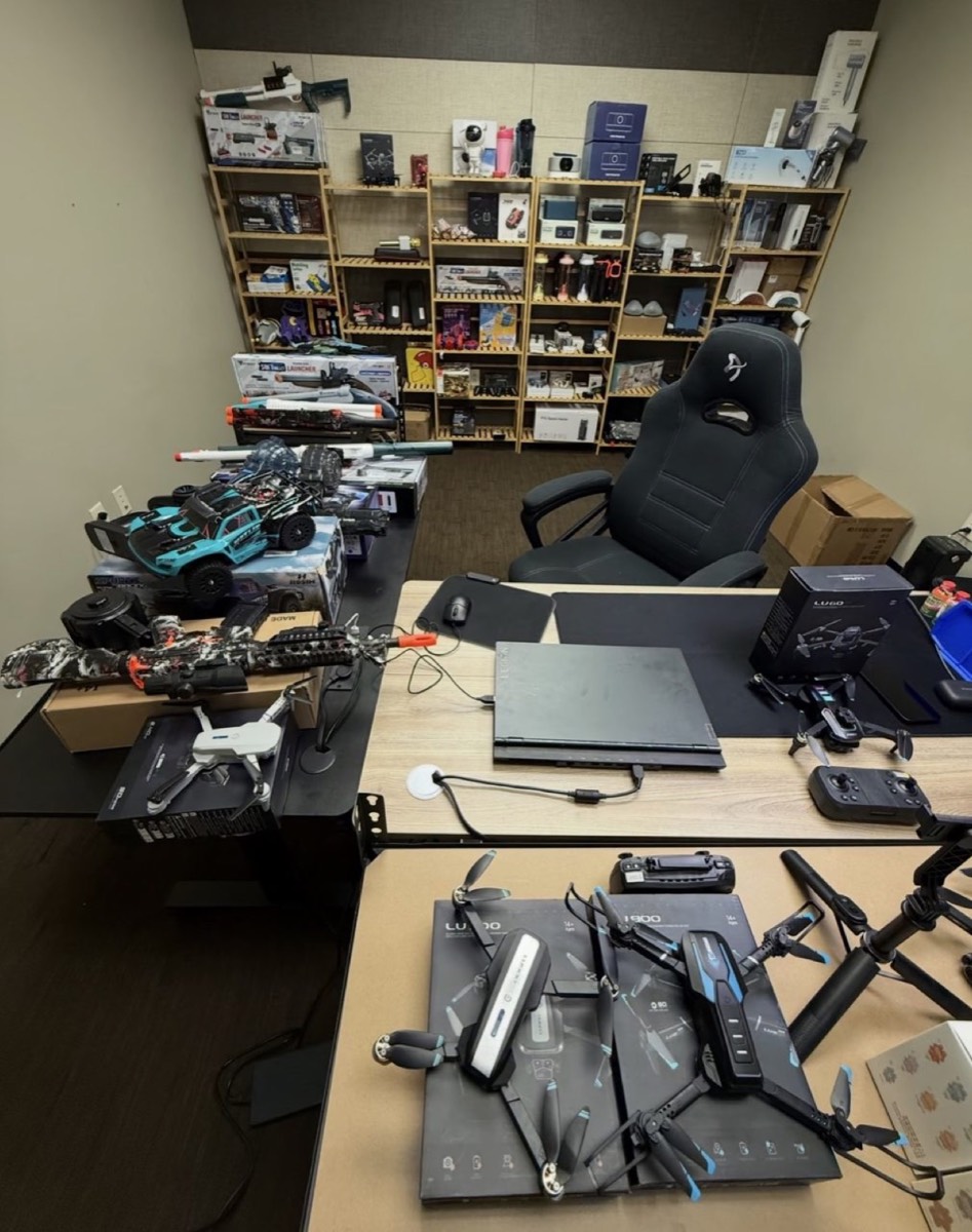 Sample room with drones, toys and electronics we test for clients